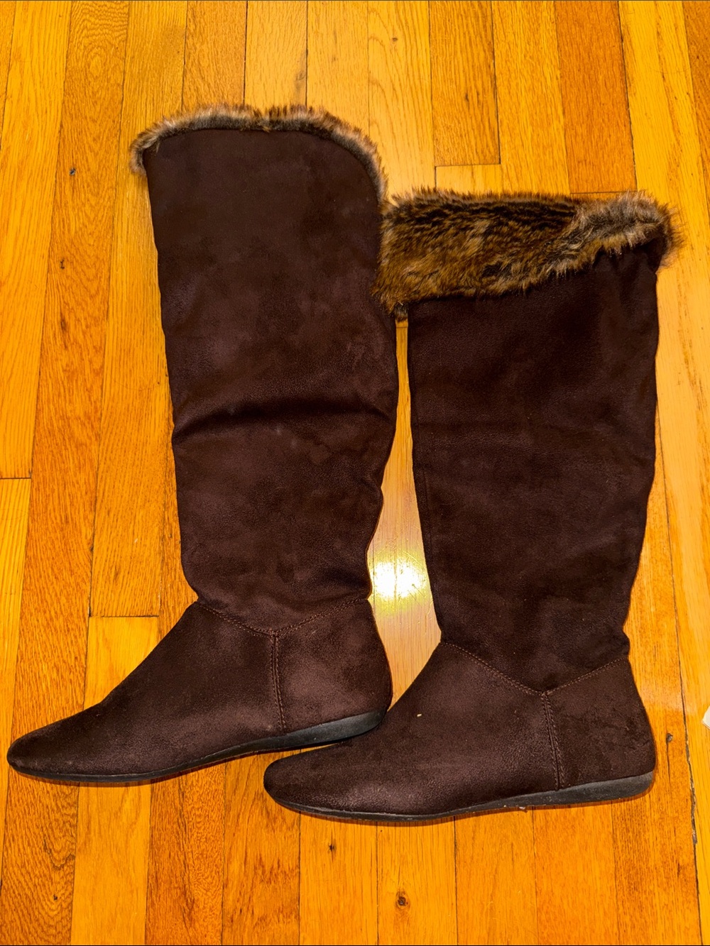 New Report Brown Faux Suede Over-the-Knee Boots with Faux Fur Trim